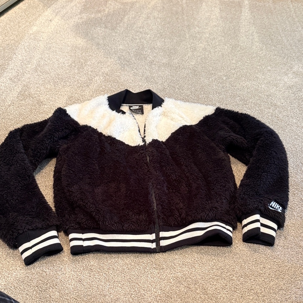 Nike Black and White Sherpa Zip-Up Jacket